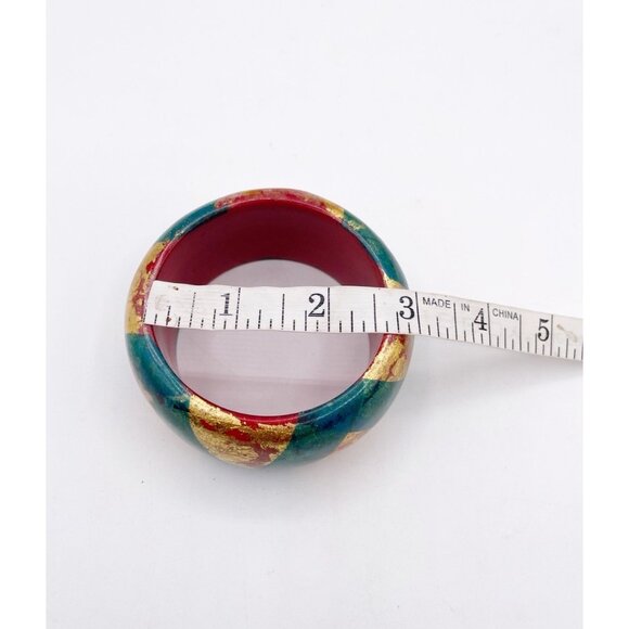 Vintage Hand Painted Wooden Bangle Bracelet Red Green Gold Leaf Boho Folk Art - Picture 5 of 6